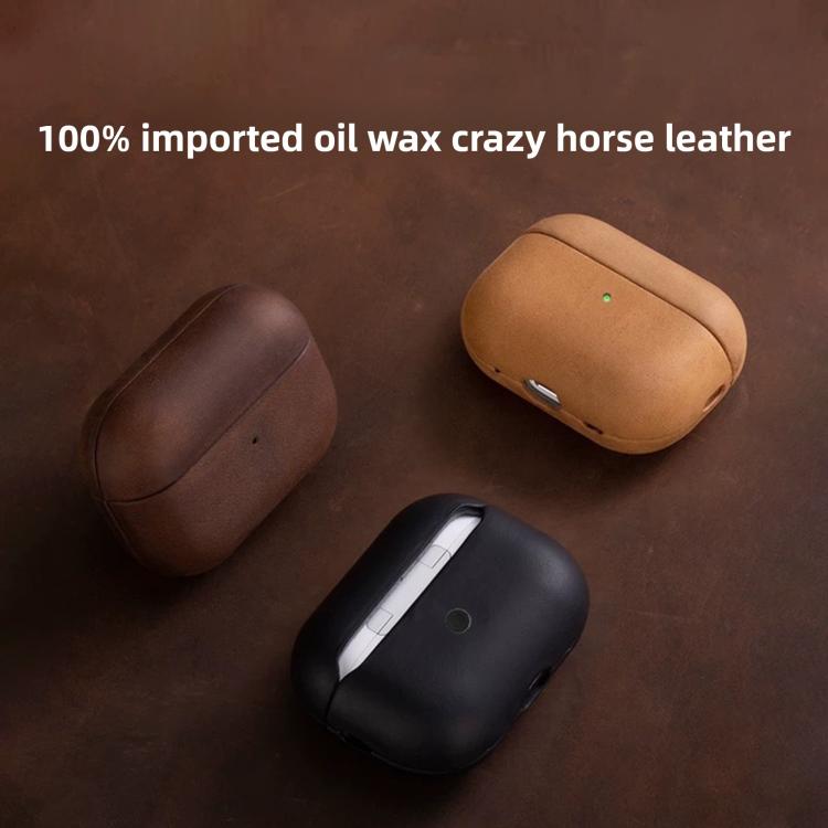 For AirPods Pro 2 Crazy Horse Genuine Leather Earbuds Protective Case(Black) - For AirPods Pro 2 by buy2fix | Online Shopping UK | buy2fix