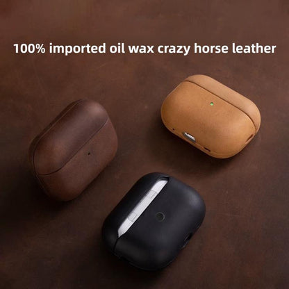 For AirPods Pro 2 Crazy Horse Genuine Leather Earbuds Protective Case(Black) - For AirPods Pro 2 by buy2fix | Online Shopping UK | buy2fix