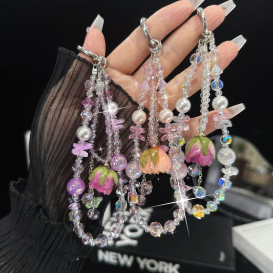 Rose Tassels Rose Real Flower Double-Layer Mobile PhoneChain - Lanyards & Wrist Straps by buy2fix | Online Shopping UK | buy2fix