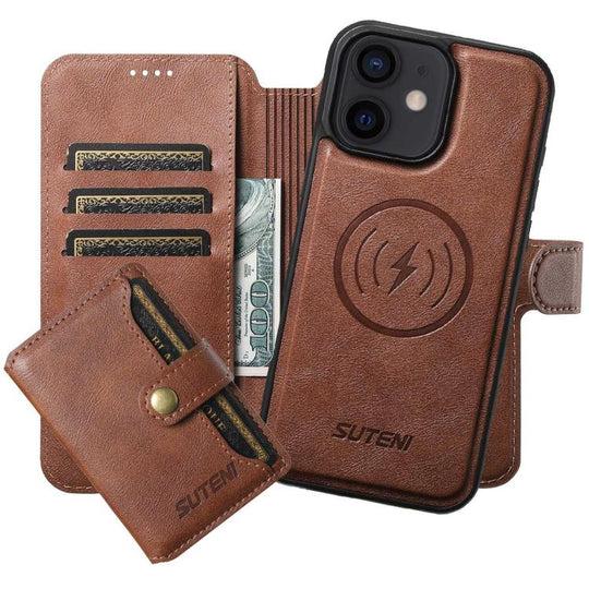 For iPhone 12 Suteni Q05S1 3-in-1 Detachable Wallet MagSafe Leather Phone Case(Brown)