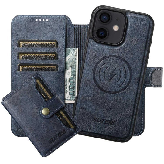 For iPhone 12 Suteni Q05S1 3-in-1 Detachable Wallet MagSafe Leather Phone Case(Blue)