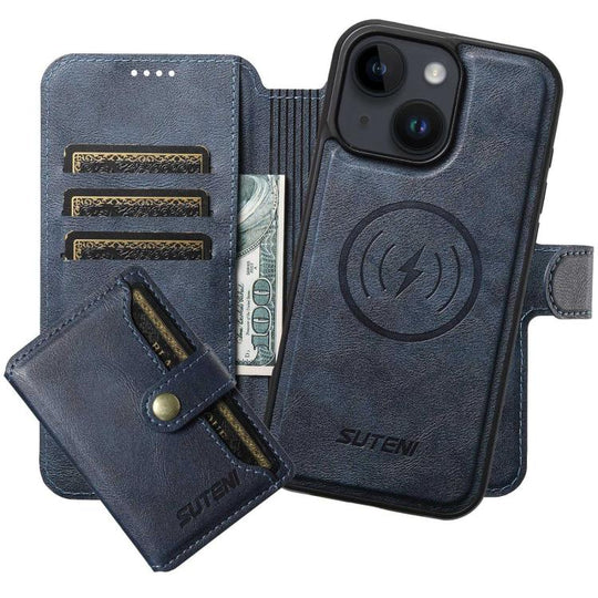For iPhone 14 Suteni Q05S1 3-in-1 Detachable Wallet MagSafe Leather Phone Case(Blue)