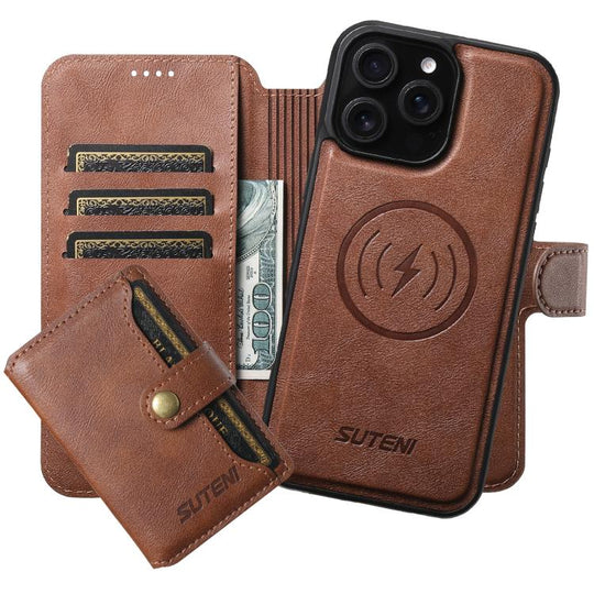 For iPhone 14 Pro Suteni Q05S1 3-in-1 Detachable Wallet MagSafe Leather Phone Case(Brown)