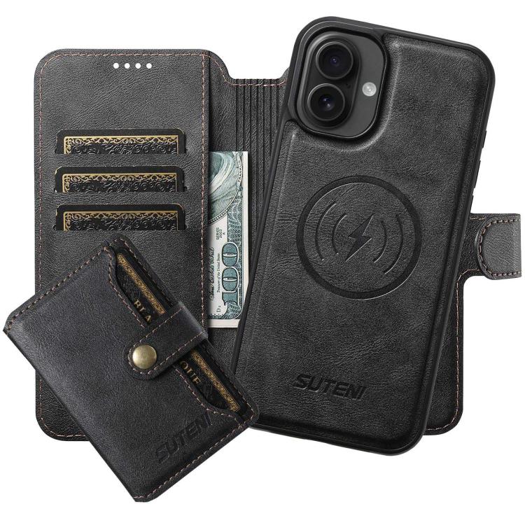 For iPhone 16 Suteni Q05S1 3-in-1 Detachable Wallet MagSafe Leather Phone Case(Black) - iPhone 16 Cases by Suteni | Online Shopping UK | buy2fix