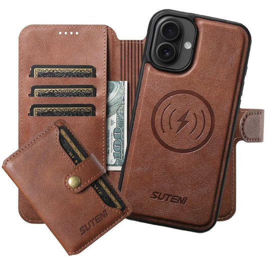 For iPhone 16 Suteni Q05S1 3-in-1 Detachable Wallet MagSafe Leather Phone Case(Brown) - iPhone 16 Cases by Suteni | Online Shopping UK | buy2fix