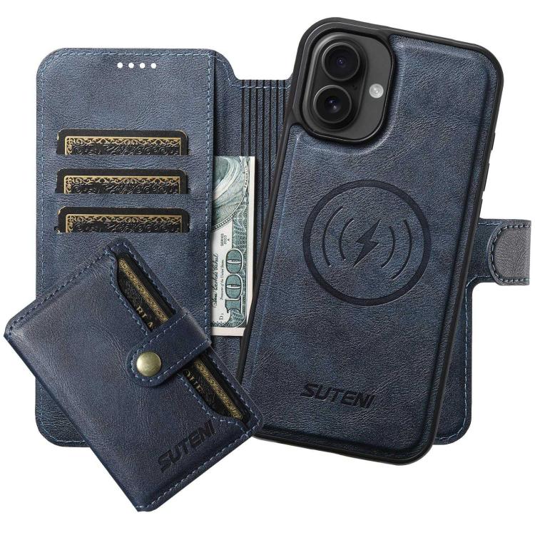 For iPhone 16 Suteni Q05S1 3-in-1 Detachable Wallet MagSafe Leather Phone Case(Blue) - iPhone 16 Cases by Suteni | Online Shopping UK | buy2fix
