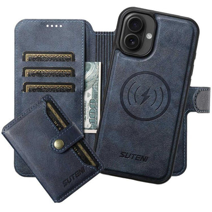 For iPhone 16 Suteni Q05S1 3-in-1 Detachable Wallet MagSafe Leather Phone Case(Blue) - iPhone 16 Cases by Suteni | Online Shopping UK | buy2fix