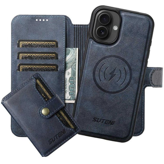 For iPhone 16 Suteni Q05S1 3-in-1 Detachable Wallet MagSafe Leather Phone Case(Blue) - iPhone 16 Cases by Suteni | Online Shopping UK | buy2fix