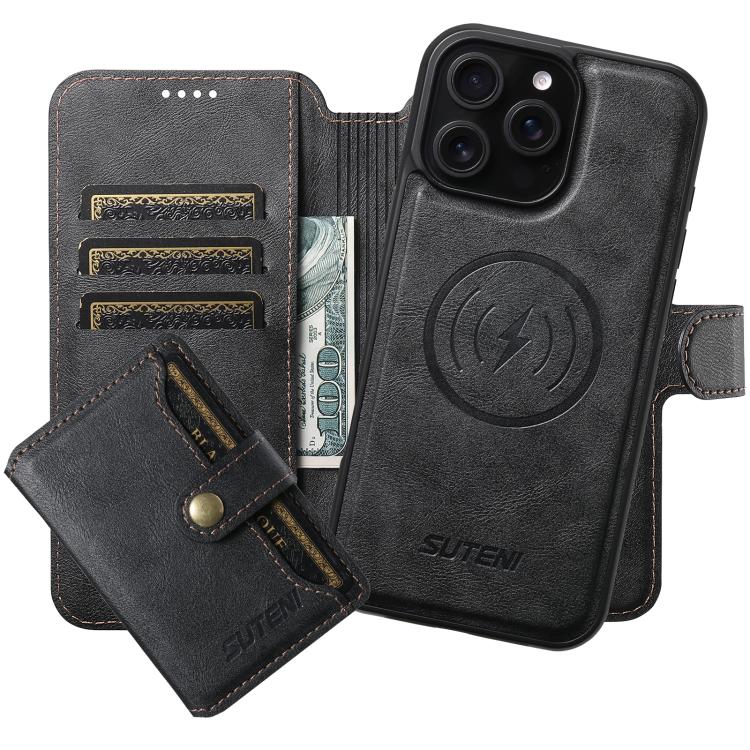 For iPhone 16 Pro Suteni Q05S1 3-in-1 Detachable Wallet MagSafe Leather Phone Case(Black) - iPhone 16 Pro Cases by Suteni | Online Shopping UK | buy2fix