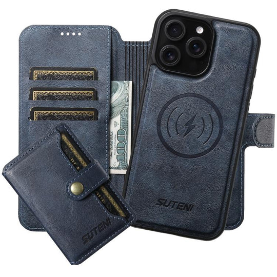 For iPhone 16 Pro Suteni Q05S1 3-in-1 Detachable Wallet MagSafe Leather Phone Case(Blue)