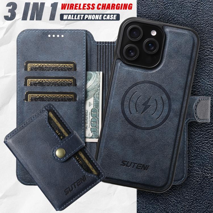 For iPhone 16 Pro Suteni Q05S1 3-in-1 Detachable Wallet MagSafe Leather Phone Case(Blue) - iPhone 16 Pro Cases by Suteni | Online Shopping UK | buy2fix