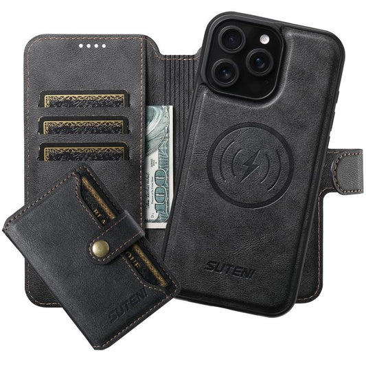 For iPhone 16 Pro Max Suteni Q05S1 3-in-1 Detachable Wallet MagSafe Leather Phone Case(Black) - iPhone 16 Pro Max Cases by Suteni | Online Shopping UK | buy2fix