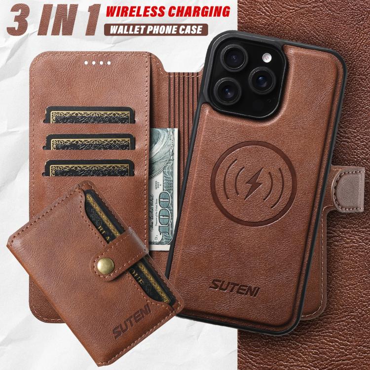 For iPhone 16 Pro Max Suteni Q05S1 3-in-1 Detachable Wallet MagSafe Leather Phone Case(Brown) - iPhone 16 Pro Max Cases by Suteni | Online Shopping UK | buy2fix