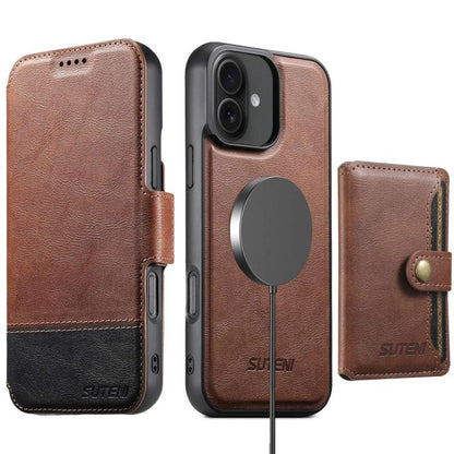 For iPhone 16 Plus Suteni Q06S1 3-in-1 Splicing Detachable Wallet MagSafe Leather Phone Case(Brown) - iPhone 16 Plus Cases by Suteni | Online Shopping UK | buy2fix