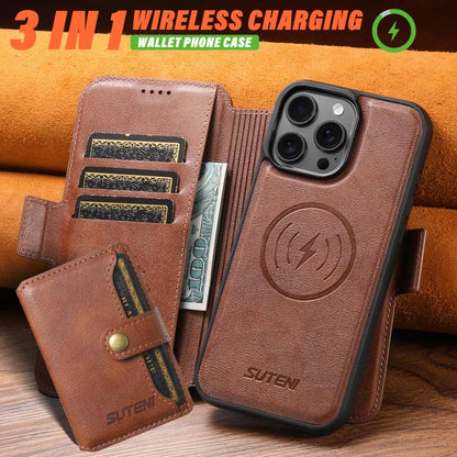 For iPhone 16 Plus Suteni Q06S1 3-in-1 Splicing Detachable Wallet MagSafe Leather Phone Case(Brown) - iPhone 16 Plus Cases by Suteni | Online Shopping UK | buy2fix