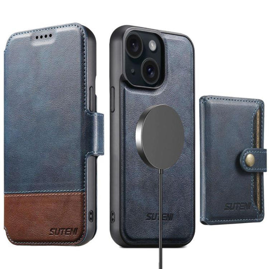 For iPhone 15 Plus Suteni Q06S1 3-in-1 Splicing Detachable Wallet MagSafe Leather Phone Case(Blue)
