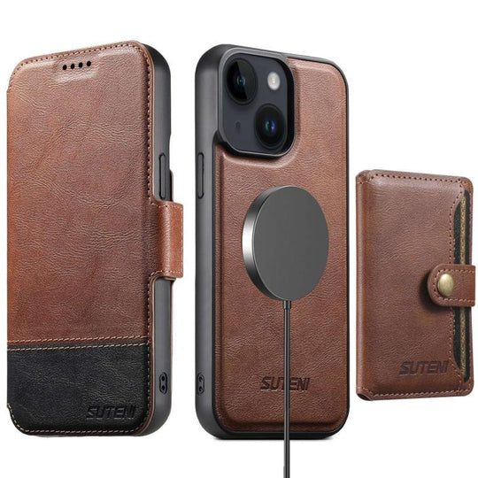 For iPhone 13 Suteni Q06S1 3-in-1 Splicing Detachable Wallet MagSafe Leather Phone Case(Brown)