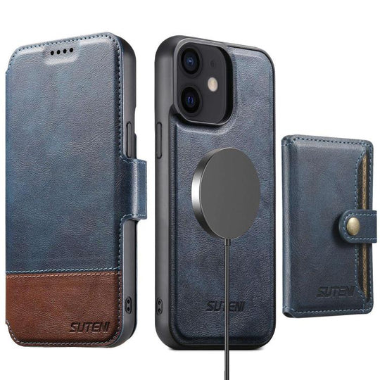 For iPhone 12 Suteni Q06S1 3-in-1 Splicing Detachable Wallet MagSafe Leather Phone Case(Blue)