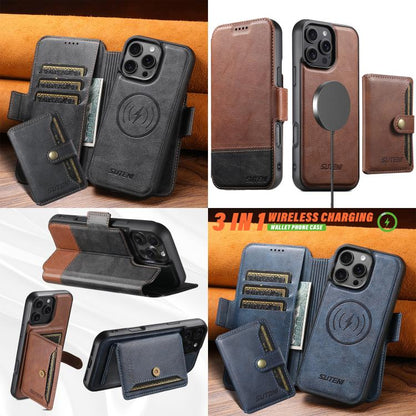 For iPhone 16 Pro Suteni Q06S1 3-in-1 Splicing Detachable Wallet MagSafe Leather Phone Case(Black) - iPhone 16 Pro Cases by Suteni | Online Shopping UK | buy2fix