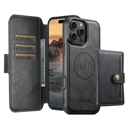 For iPhone 16 Pro Max Suteni Q07S1 3-in-1 Detachable Wallet MagSafe Splicing Leather Phone Case(Black) - iPhone 16 Pro Max Cases by Suteni | Online Shopping UK | buy2fix