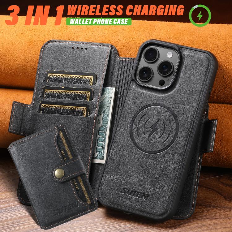 For iPhone 16 Pro Max Suteni Q07S1 3-in-1 Detachable Wallet MagSafe Splicing Leather Phone Case(Black) - iPhone 16 Pro Max Cases by Suteni | Online Shopping UK | buy2fix