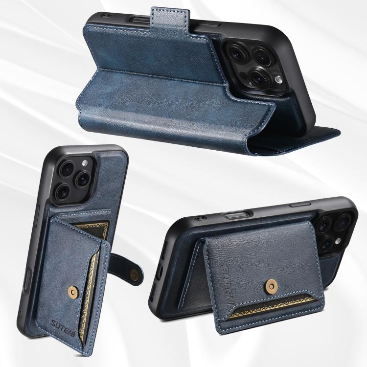 For iPhone 16 Pro Suteni Q07S1 3-in-1 Detachable Wallet MagSafe Splicing Leather Phone Case(Blue) - iPhone 16 Pro Cases by Suteni | Online Shopping UK | buy2fix