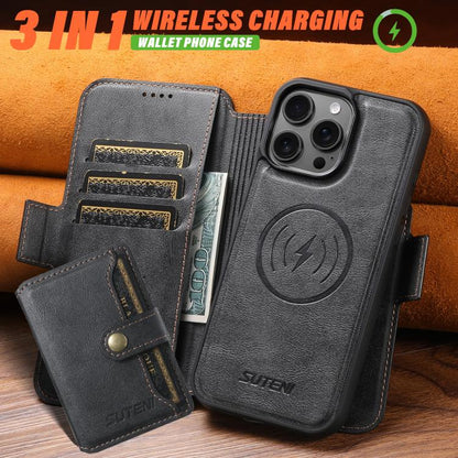 For iPhone 16 Plus Suteni Q07S1 3-in-1 Detachable Wallet MagSafe Splicing Leather Phone Case(Black) - iPhone 16 Plus Cases by Suteni | Online Shopping UK | buy2fix