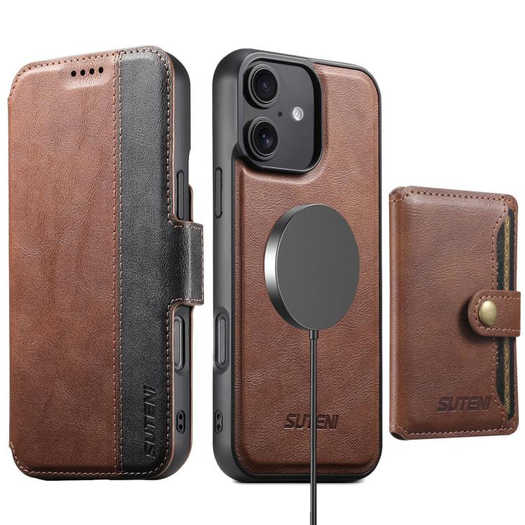For iPhone 16 Suteni Q07S1 3-in-1 Detachable Wallet MagSafe Splicing Leather Phone Case(Brown) - iPhone 16 Cases by Suteni | Online Shopping UK | buy2fix