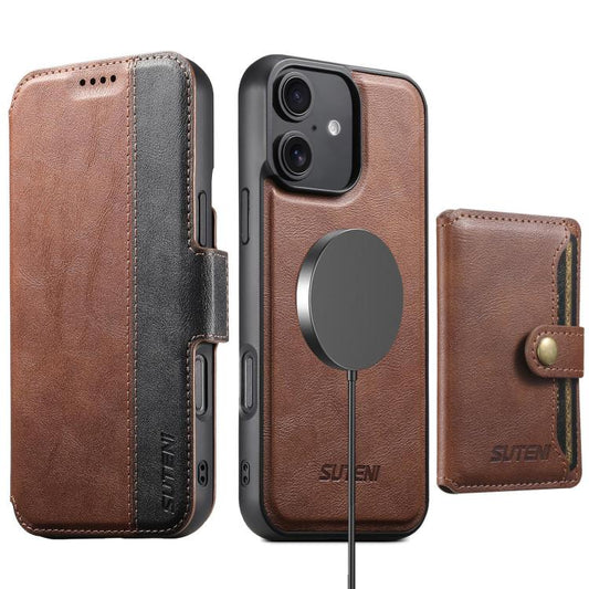 For iPhone 16 Suteni Q07S1 3-in-1 Detachable Wallet MagSafe Splicing Leather Phone Case(Brown) - iPhone 16 Cases by Suteni | Online Shopping UK | buy2fix