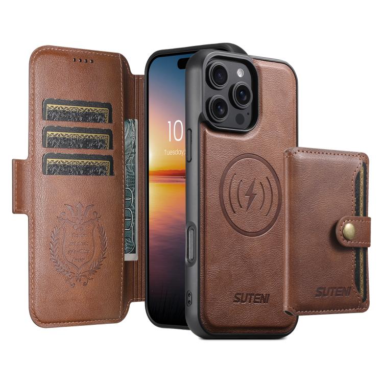 For iPhone 16 Suteni Q07S1 3-in-1 Detachable Wallet MagSafe Splicing Leather Phone Case(Brown) - iPhone 16 Cases by Suteni | Online Shopping UK | buy2fix