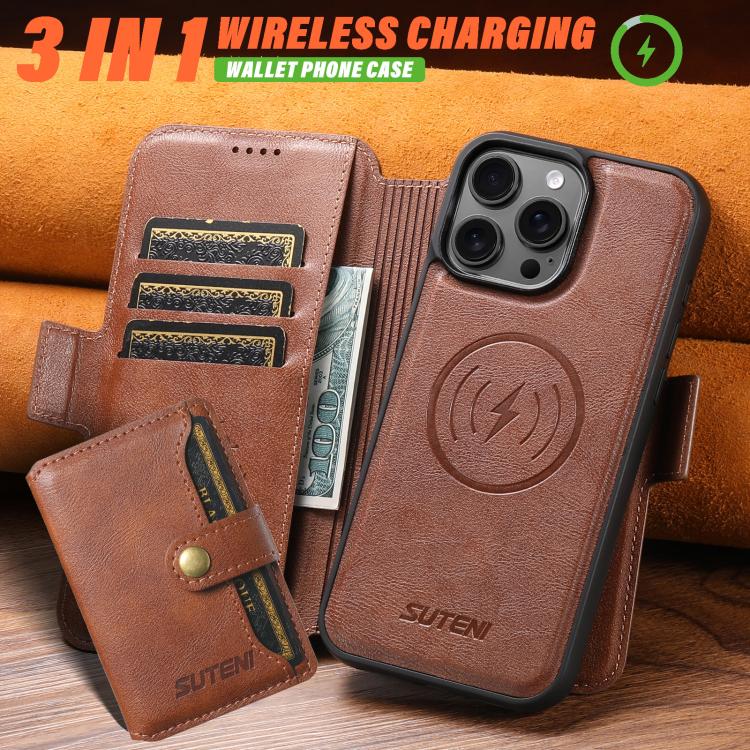 For iPhone 16 Suteni Q07S1 3-in-1 Detachable Wallet MagSafe Splicing Leather Phone Case(Brown) - iPhone 16 Cases by Suteni | Online Shopping UK | buy2fix