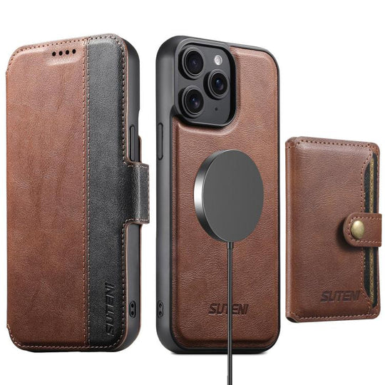 For iPhone 15 Pro Max Suteni Q07S1 3-in-1 Detachable Wallet MagSafe Splicing Leather Phone Case(Brown)