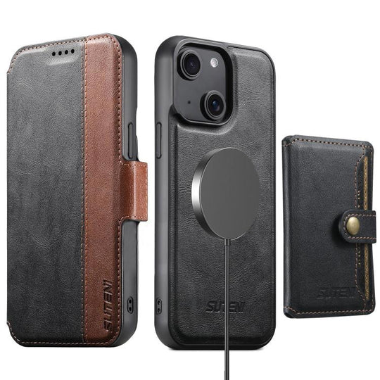 For iPhone 14 Plus Suteni Q07S1 3-in-1 Detachable Wallet MagSafe Splicing Leather Phone Case(Black)