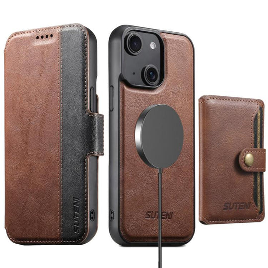For iPhone 14 Suteni Q07S1 3-in-1 Detachable Wallet MagSafe Splicing Leather Phone Case(Brown)