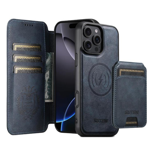 For iPhone 16 Pro Suteni Q05S2 3-in-1 Detachable Vertical Flip Wallet MagSafe Leather Phone Case(Blue)