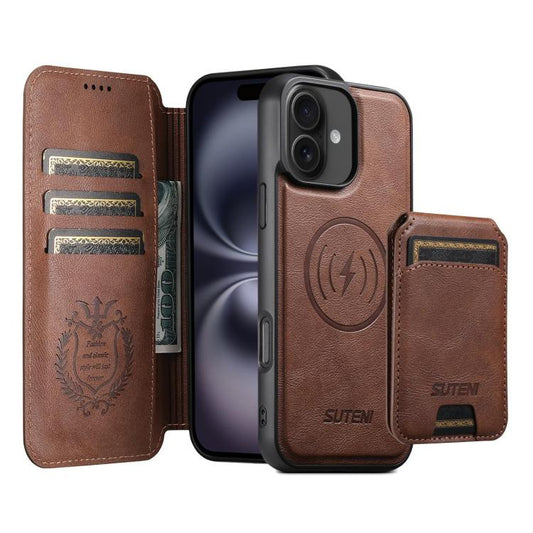 For iPhone 16 Plus Suteni Q05S2 3-in-1 Detachable Vertical Flip Wallet MagSafe Leather Phone Case(Brown) - iPhone 16 Plus Cases by Suteni | Online Shopping UK | buy2fix