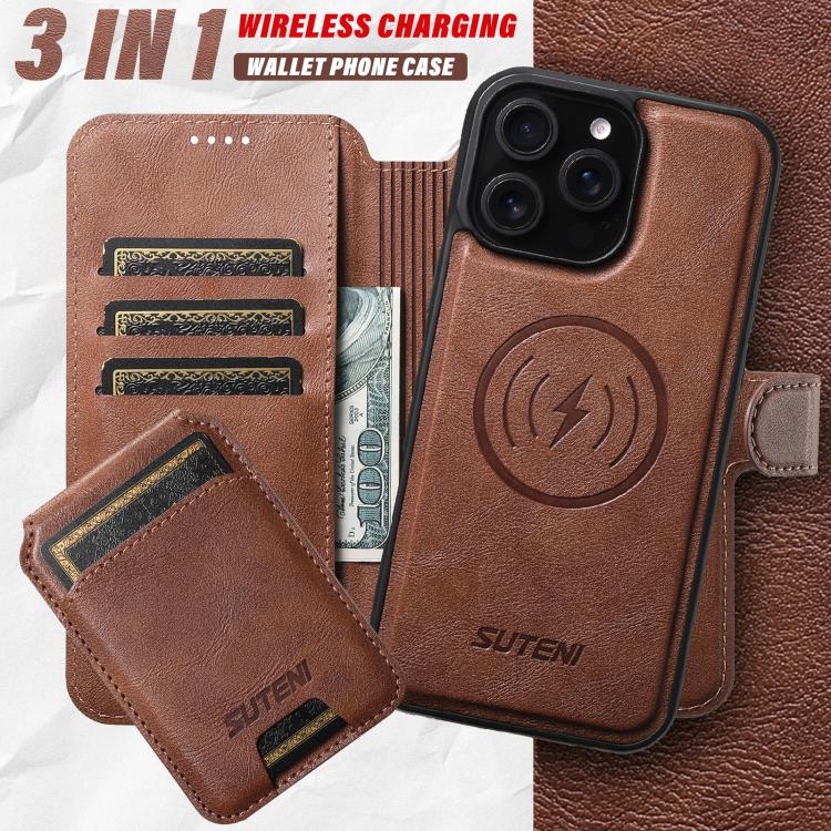 For iPhone 16 Plus Suteni Q05S2 3-in-1 Detachable Vertical Flip Wallet MagSafe Leather Phone Case(Brown) - iPhone 16 Plus Cases by Suteni | Online Shopping UK | buy2fix