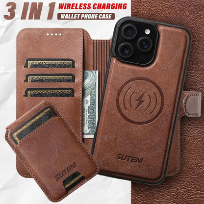 For iPhone 16 Plus Suteni Q05S2 3-in-1 Detachable Vertical Flip Wallet MagSafe Leather Phone Case(Brown) - iPhone 16 Plus Cases by Suteni | Online Shopping UK | buy2fix