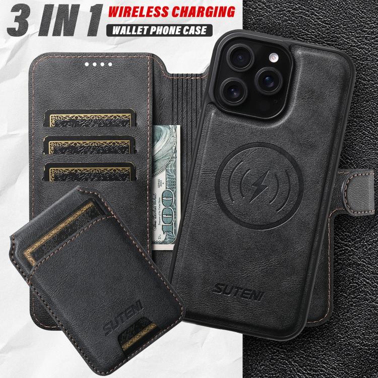 For iPhone 16 Suteni Q05S2 3-in-1 Detachable Vertical Flip Wallet MagSafe Leather Phone Case(Black) - iPhone 16 Cases by Suteni | Online Shopping UK | buy2fix