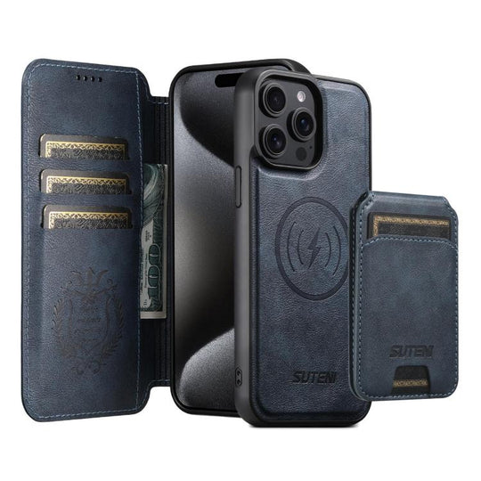 For iPhone 15 Pro Suteni Q05S2 3-in-1 Detachable Vertical Flip Wallet MagSafe Leather Phone Case(Blue)