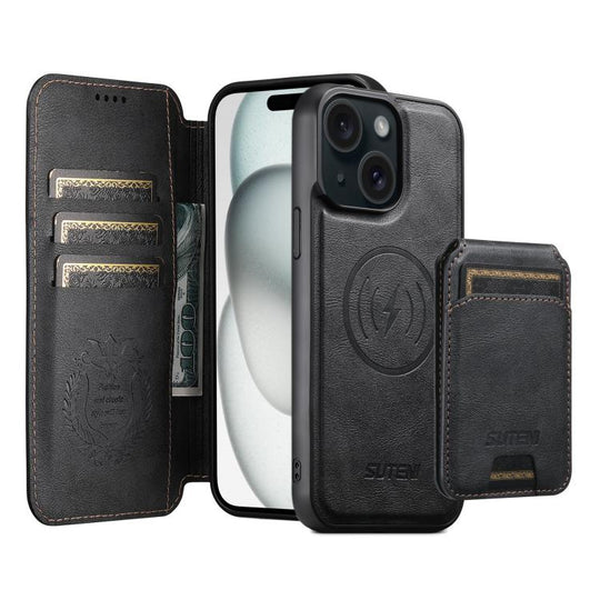 For iPhone 15 Plus Suteni Q05S2 3-in-1 Detachable Vertical Flip Wallet MagSafe Leather Phone Case(Black)