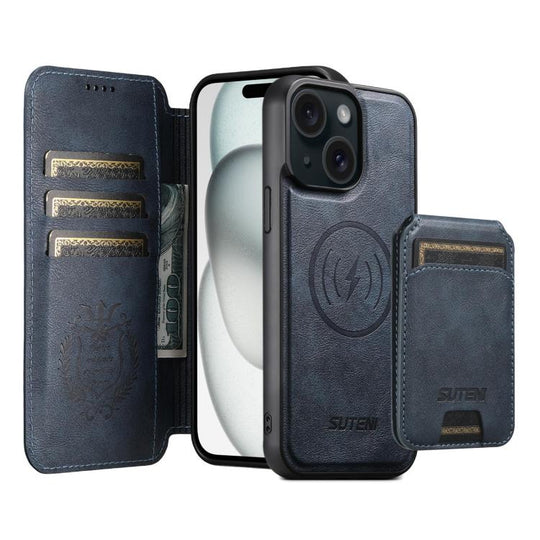For iPhone 15 Plus Suteni Q05S2 3-in-1 Detachable Vertical Flip Wallet MagSafe Leather Phone Case(Blue)