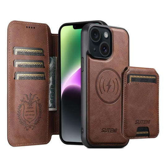 For iPhone 14 Plus Suteni Q05S2 3-in-1 Detachable Vertical Flip Wallet MagSafe Leather Phone Case(Brown)