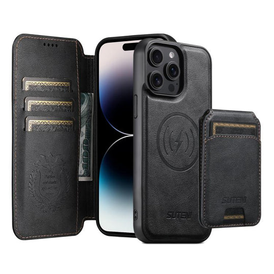 For iPhone 14 Pro Max Suteni Q05S2 3-in-1 Detachable Vertical Flip Wallet MagSafe Leather Phone Case(Black)