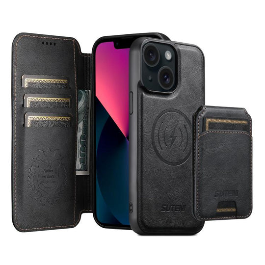 For iPhone 13 Suteni Q05S2 3-in-1 Detachable Vertical Flip Wallet MagSafe Leather Phone Case(Black)