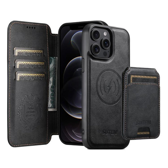 For iPhone 12 Pro Max Suteni Q05S2 3-in-1 Detachable Vertical Flip Wallet MagSafe Leather Phone Case(Black)