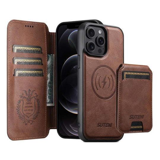 For iPhone 12 Pro Max Suteni Q05S2 3-in-1 Detachable Vertical Flip Wallet MagSafe Leather Phone Case(Brown)