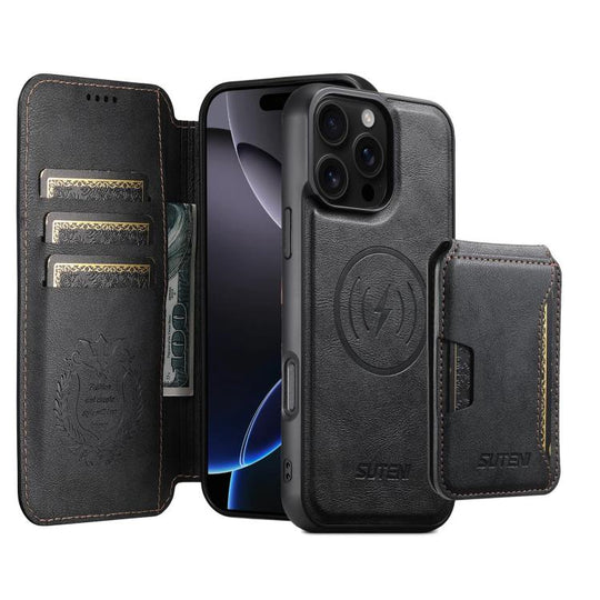For iPhone 16 Pro Suteni Q05S3 3-in-1 Detachable Vertical Flip Wallet MagSafe Leather Phone Case(Black)