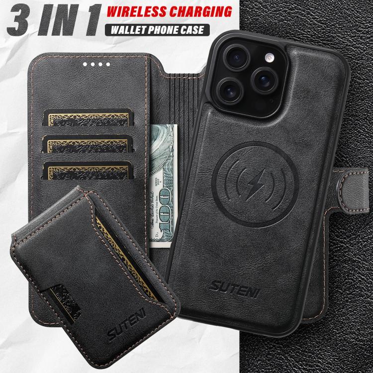 For iPhone 16 Pro Suteni Q05S3 3-in-1 Detachable Vertical Flip Wallet MagSafe Leather Phone Case(Black) - iPhone 16 Pro Cases by Suteni | Online Shopping UK | buy2fix