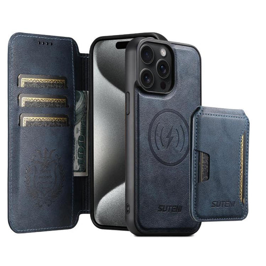 For iPhone 15 Pro Max Suteni Q05S3 3-in-1 Detachable Vertical Flip Wallet MagSafe Leather Phone Case(Blue)